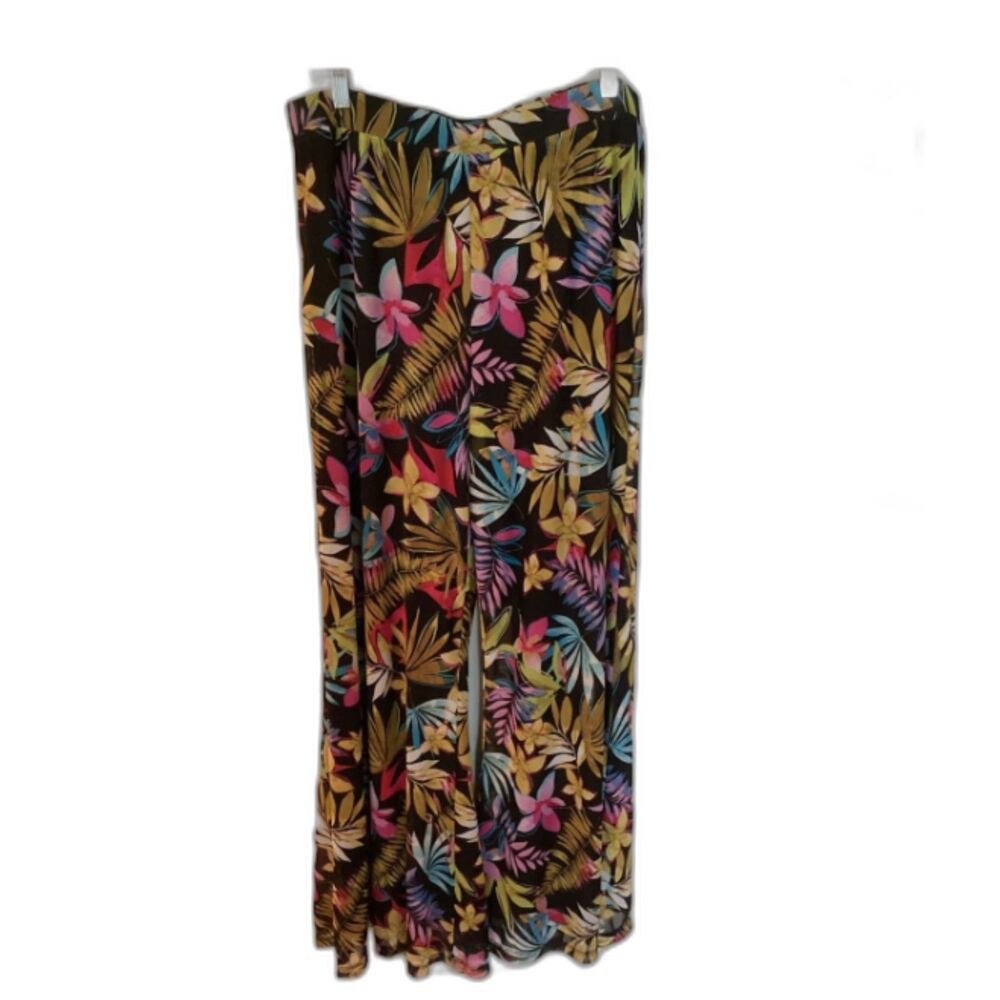Antthony Woman's Pants Med Black Floral Wide Leg Coastal Resort Vacation Groovy